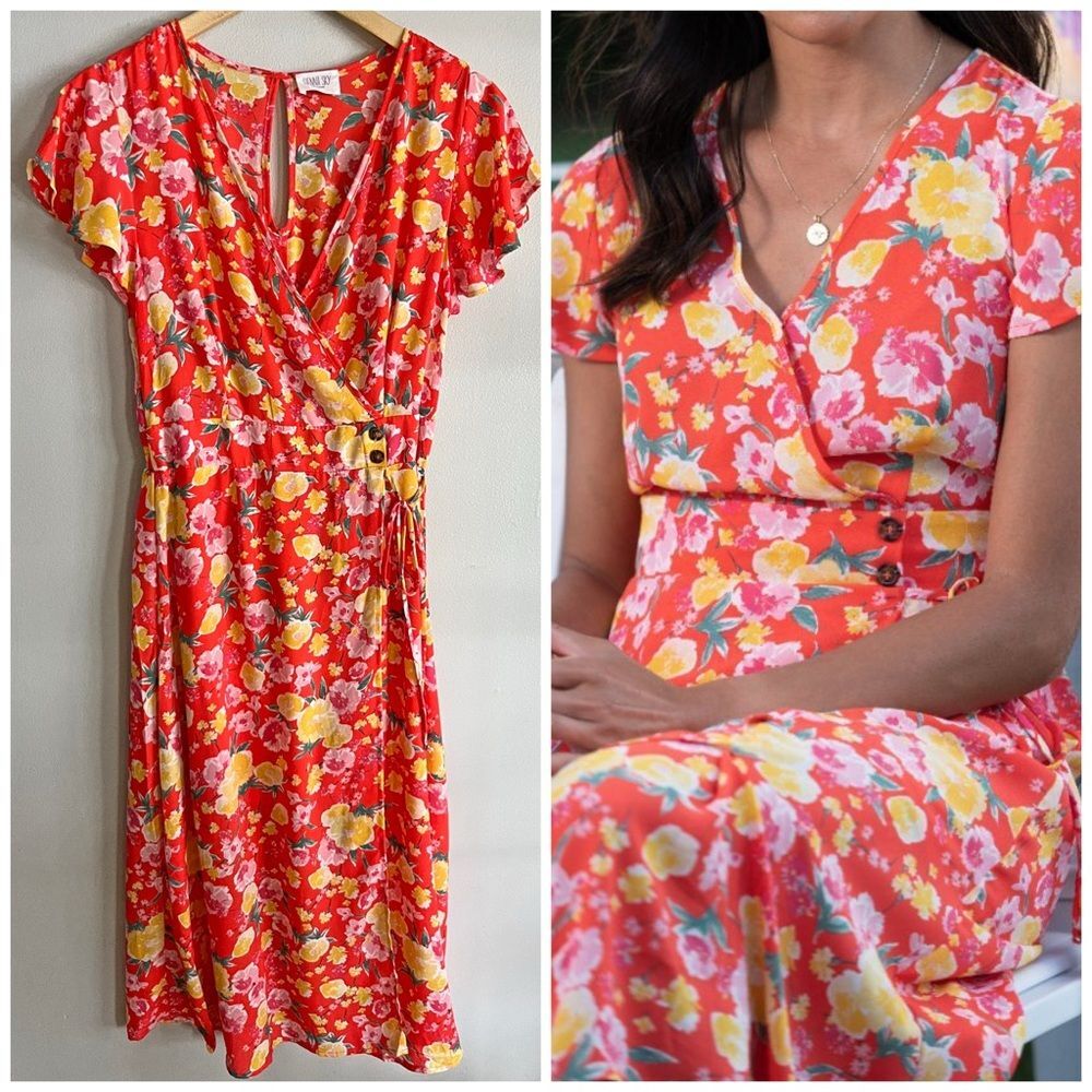 Sienna Sky Red Floral Midi Dress Surplice V Neck Side Tie Boho Large